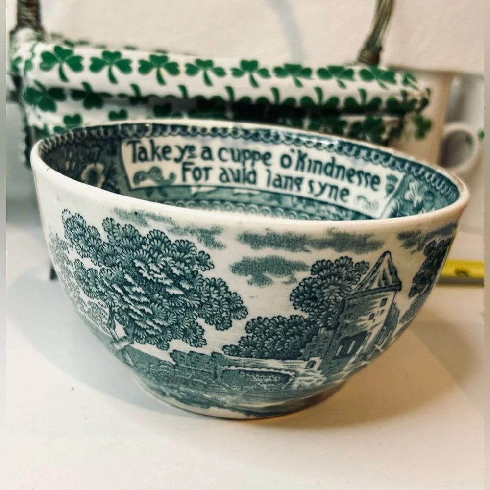 Vintage Irish Coffee set, porcelain transferware bowl, shamrock basket bundle